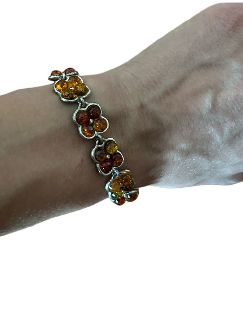 Vintage Exquisite Handmade Clover Flower Baltic Amber Bracelet with Silver